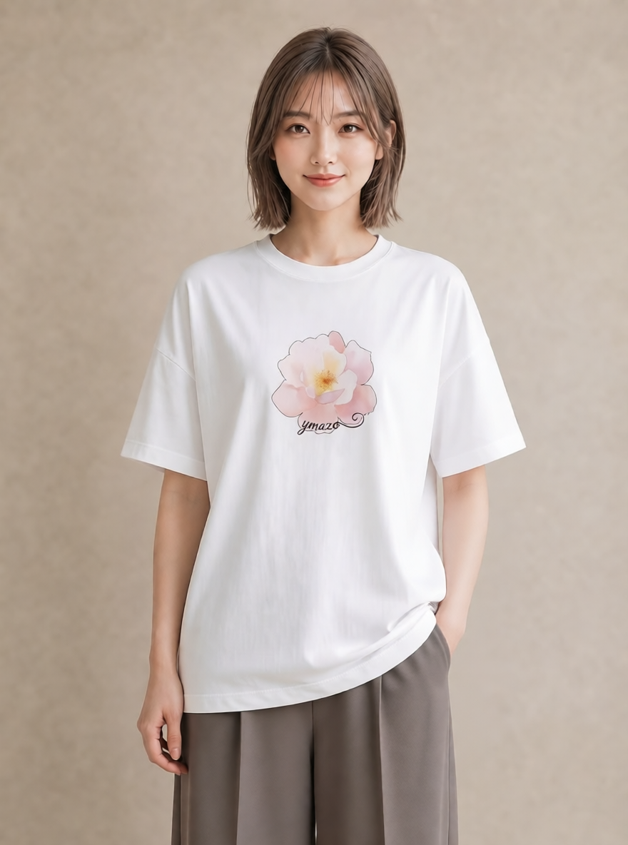 Tシャツ レディース 牡丹 花 花柄 イラスト 旅行コーデ 公園 ママ 白T
