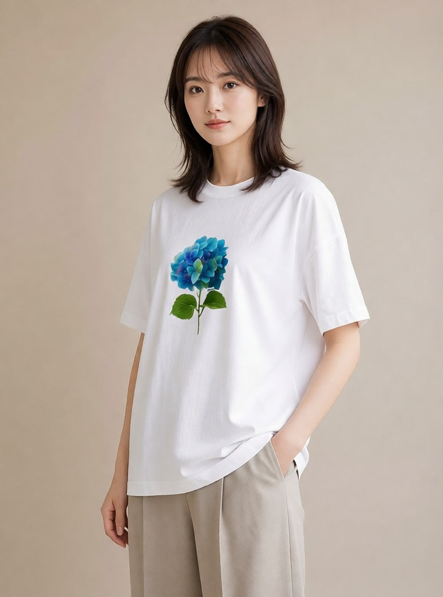 半袖Tシャツ レディース あじさい 紫陽花 アジサイ 花 花柄 イラスト 可愛い 自分用 ルームウェア 白T YMAZO
