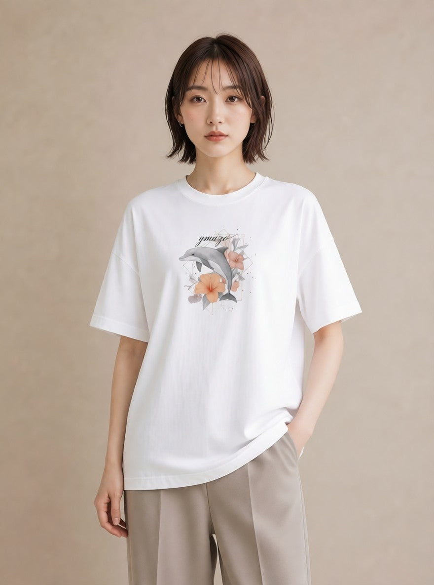 プリントTシャツ レディース イルカ 海の生き物 海 イラスト ミニマル 秋コーデ おしゃれギフト 白T YMAZO