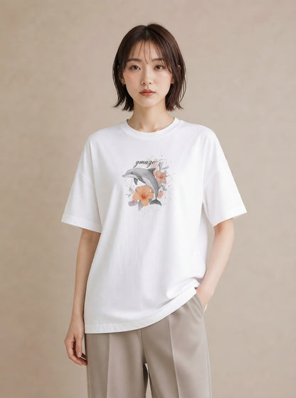 プリントTシャツ レディース イルカ 海の生き物 海 イラスト ミニマル 秋コーデ おしゃれギフト 白T YMAZO