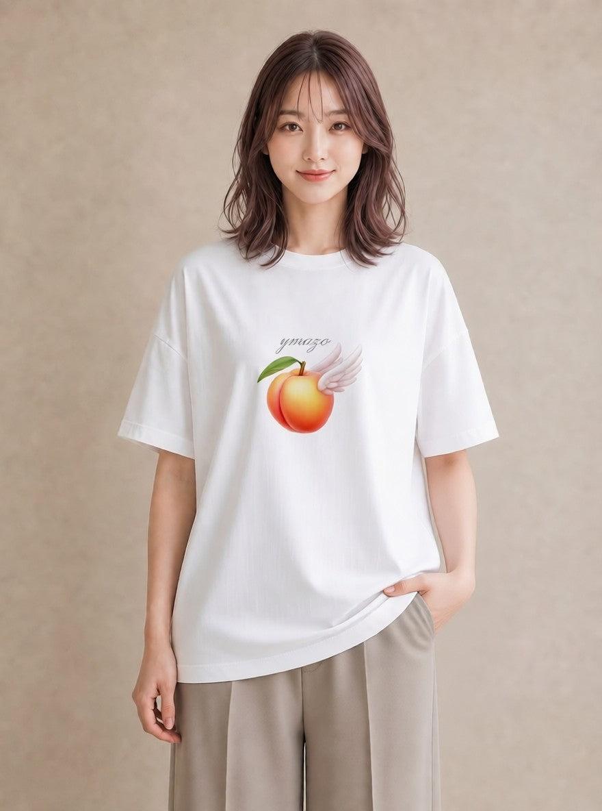 半袖Tシャツ レディース もも 食べ物 フード イラスト 旅行コーデ 休日 ペアコーデ 白T YMAZO
