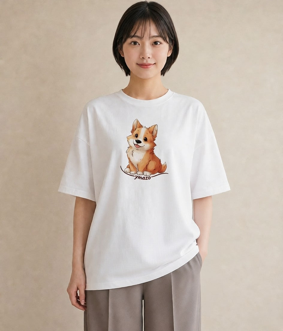 グラフィックTシャツ レディース ウェルシュコーギー コーギー 犬 いぬ イラスト 線画 自分用 ルームウェア 白T YMAZO