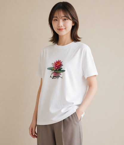 グラフィックTシャツ レディース 蓮 花 花柄 イラスト 個性的 ペアコーデ 秋コーデ 白T