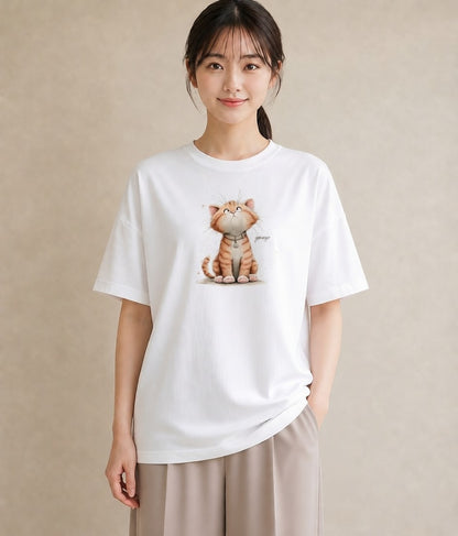 Tシャツ レディース キジトラ 猫 ねこ イラスト フェミニン お出かけ 普段着 白T YMAZO