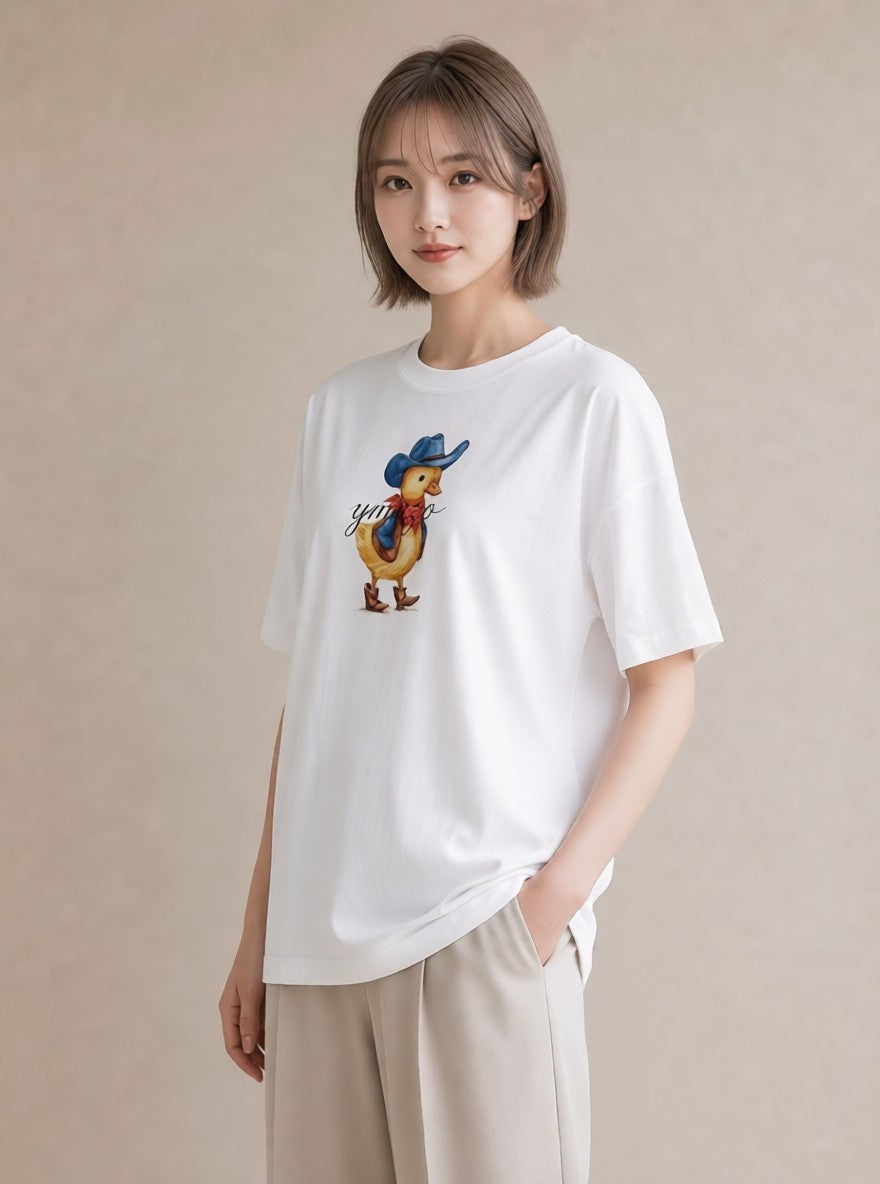 デザインTシャツ レディース アヒル 動物 アニマル イラスト ゆるかわ 春服 ミセス 白T YMAZO