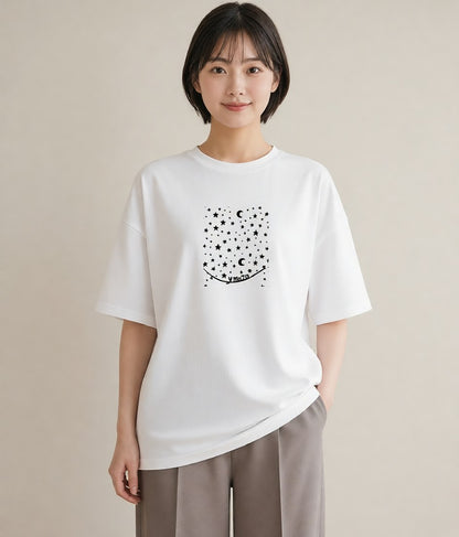 半袖Tシャツ レディース 月と星 星空 ムーン イラスト ミニマル 敬老の日 ホワイトデー 白T YMAZO