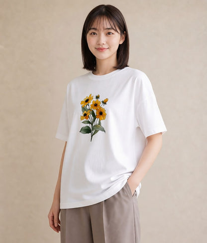 半袖Tシャツ レディース ひまわり 向日葵 花 花柄 イラスト ポップ ビーチ デイリーウェア 白T YMAZO