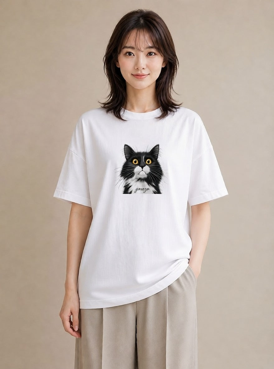プリントTシャツ レディース 靴下猫 猫 ねこ イラスト こなれ感 旅行用 海 白T YMAZO