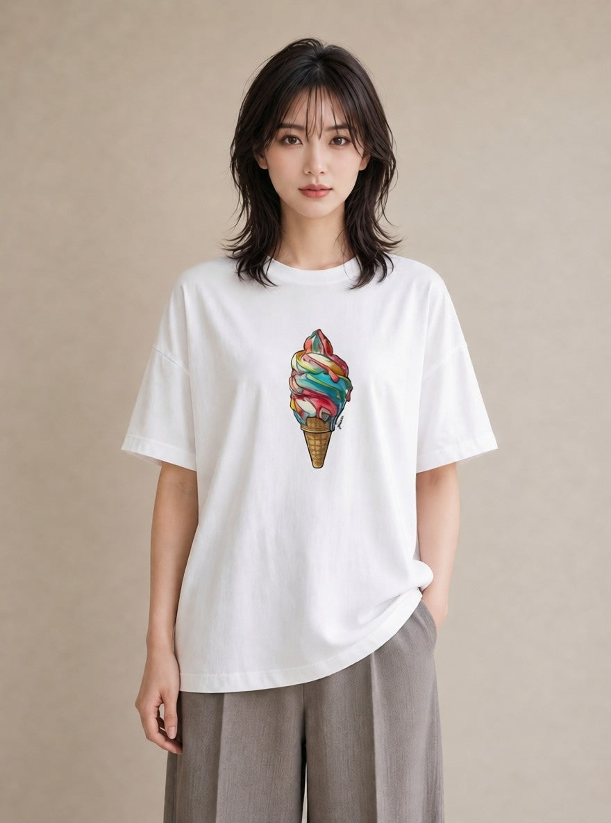 半袖Tシャツ レディース ソフトクリーム 食べ物 フード イラスト フェミニン ラフ レイヤード 白T YMAZO