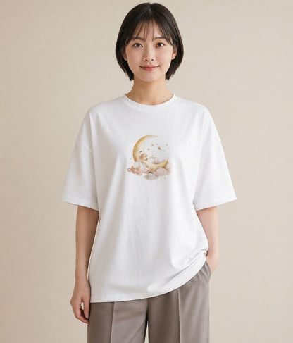 プリントTシャツ レディース 月 星空 宇宙 イラスト きれいめ 社会人 女性 白T YMAZO