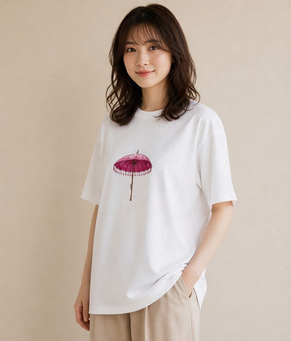 半袖Tシャツ レディース 傘 水たまり 雨 ナチュラル アンティーク イラスト レトロ 休日 ペアコーデ 白T YMAZO