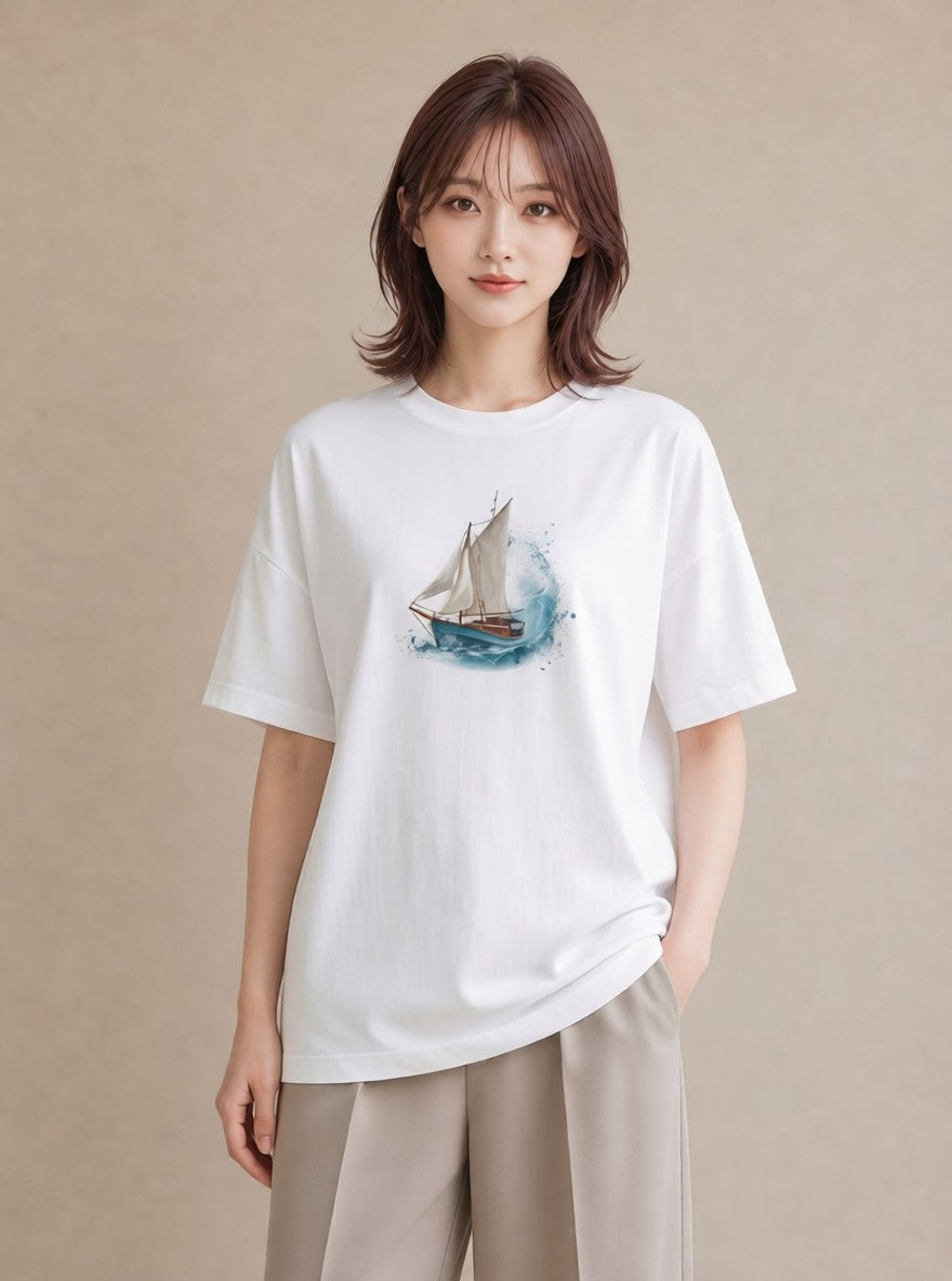 グラフィックTシャツ レディース 紙の船 水辺 ナチュラル アンティーク イラスト フェミニン ラフ レイヤード 白T YMAZO