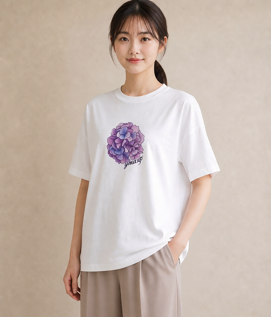 プリントTシャツ レディース あじさい 紫陽花 アジサイ 花 花柄 イラスト ナチュラル 女性 旅行用 白T