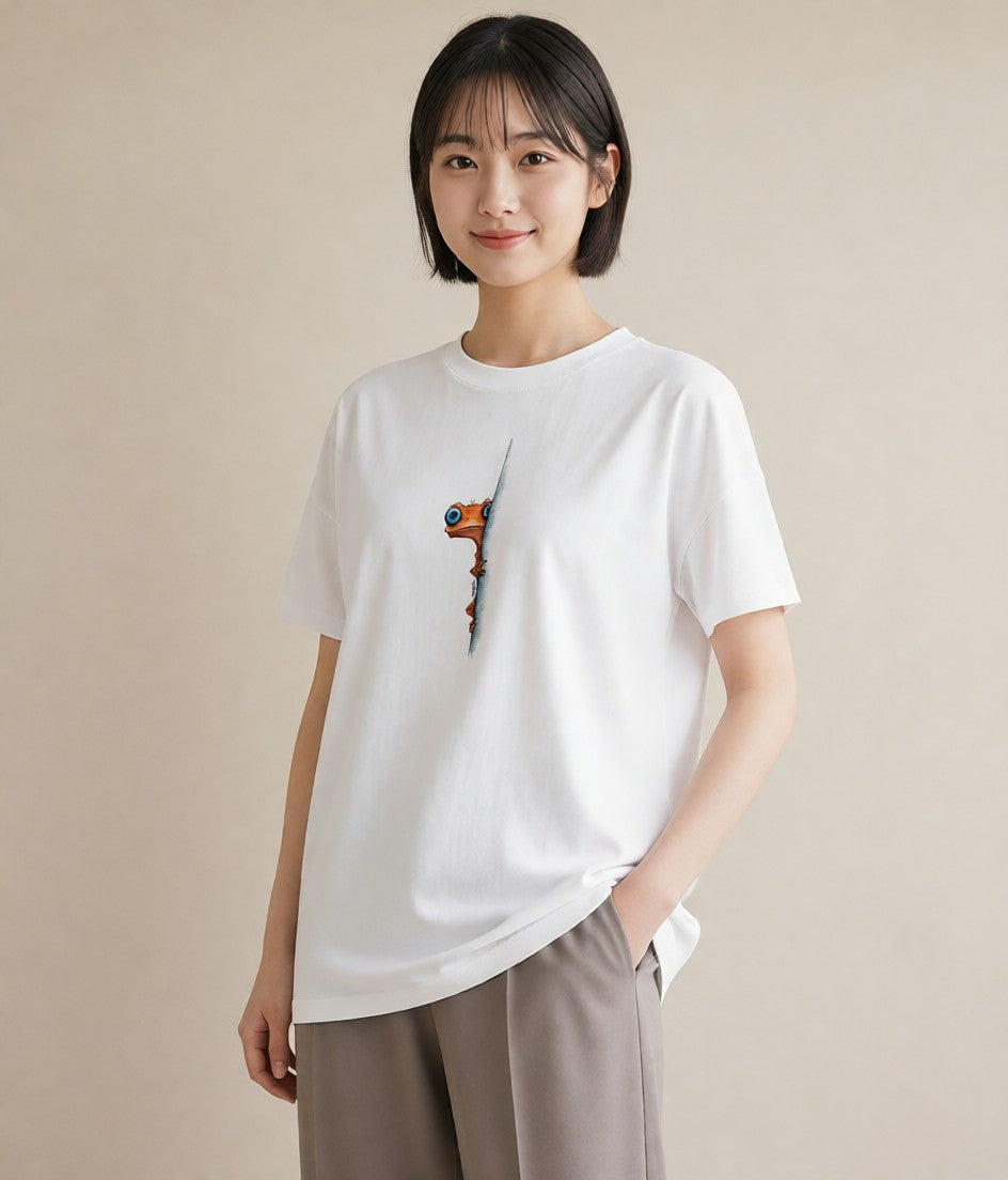 半袖Tシャツ レディース カエル ペット 動物 イラスト 水彩風 友達ギフト 部屋着 白T YMAZO