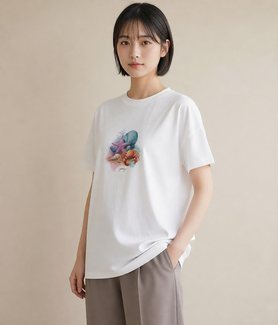 Tシャツ レディース ヒトデ 海の生き物 海 イラスト 旅行コーデ 普段着 週末コーデ 白T YMAZO