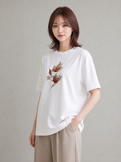 デザインTシャツ レディース 落ち葉 植物 ボタニカル イラスト こなれ感 通勤 在宅 白T YMAZO