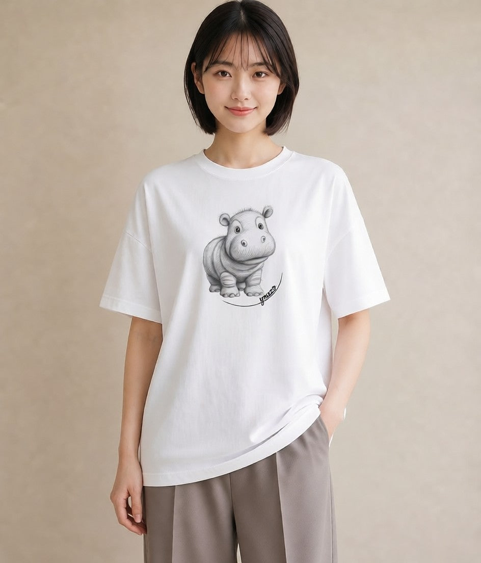 プリントTシャツ レディース カバ 動物 アニマル イラスト 水彩風 散歩 お出かけ 白T YMAZO