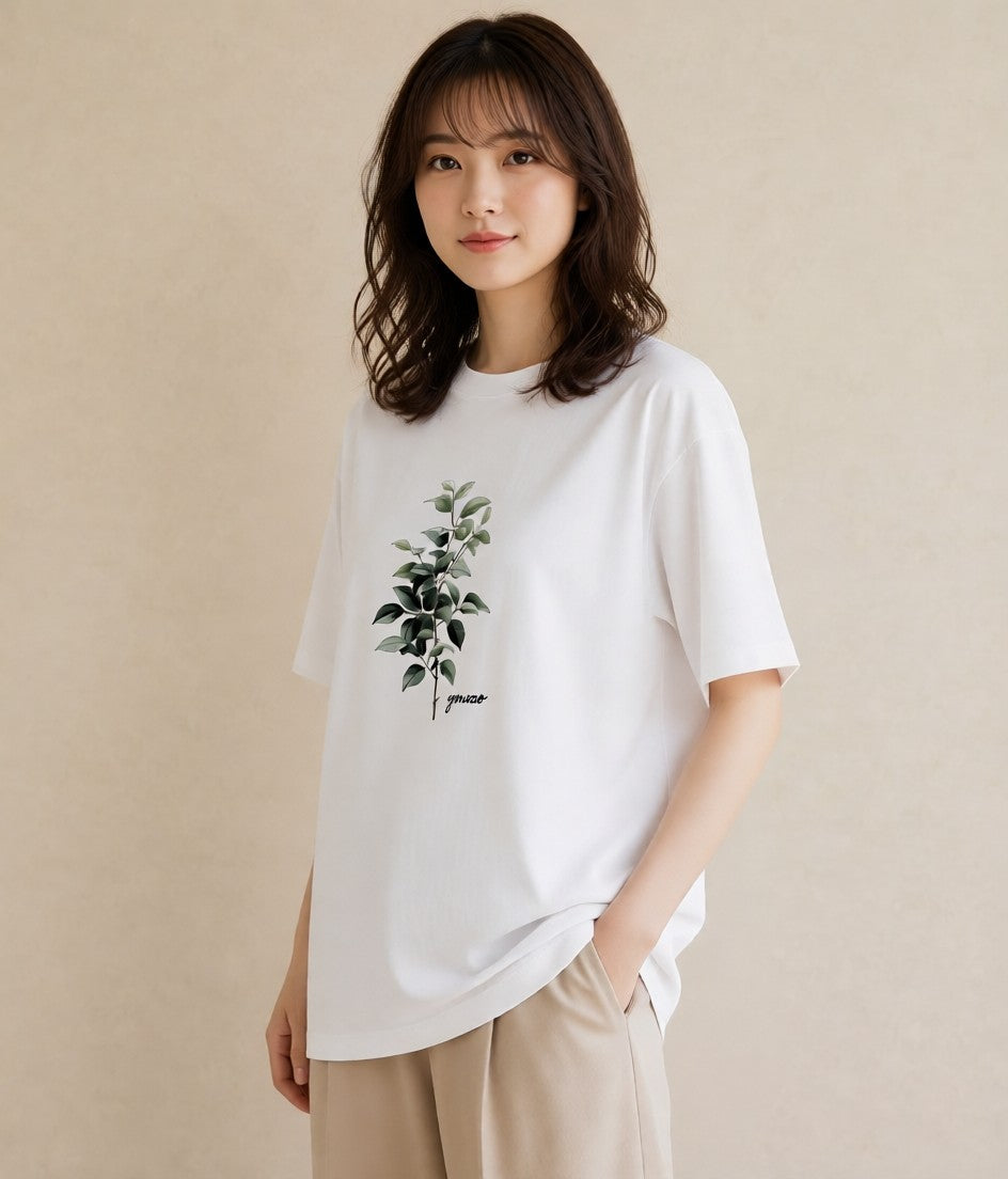 プリントTシャツ レディース ユーカリ 植物 ボタニカル イラスト 可愛い ペアコーデ 秋コーデ 白T YMAZO