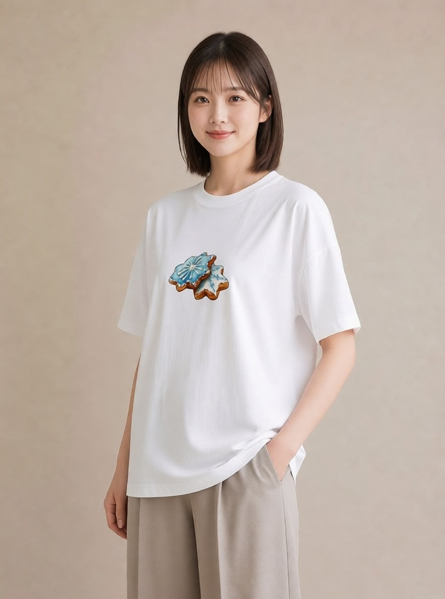 デザインTシャツ レディース 雪の結晶 星空 宇宙 イラスト きれいめカジュアル 敬老の日 ホワイトデー 白T YMAZO