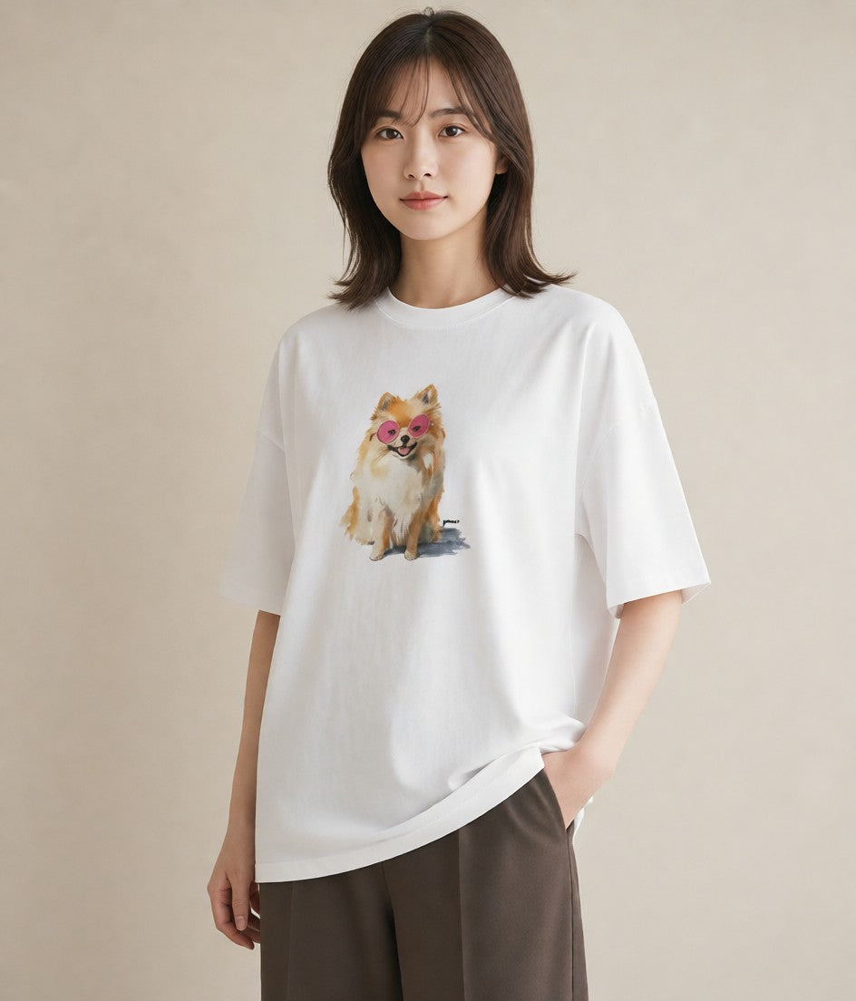 半袖Tシャツ レディース ポメラニアン ポメ 犬 いぬ イラスト ラフ 綿100 デート 白T YMAZO