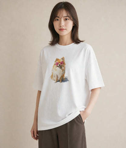 半袖Tシャツ レディース ポメラニアン ポメ 犬 いぬ イラスト ラフ 綿100 デート 白T YMAZO