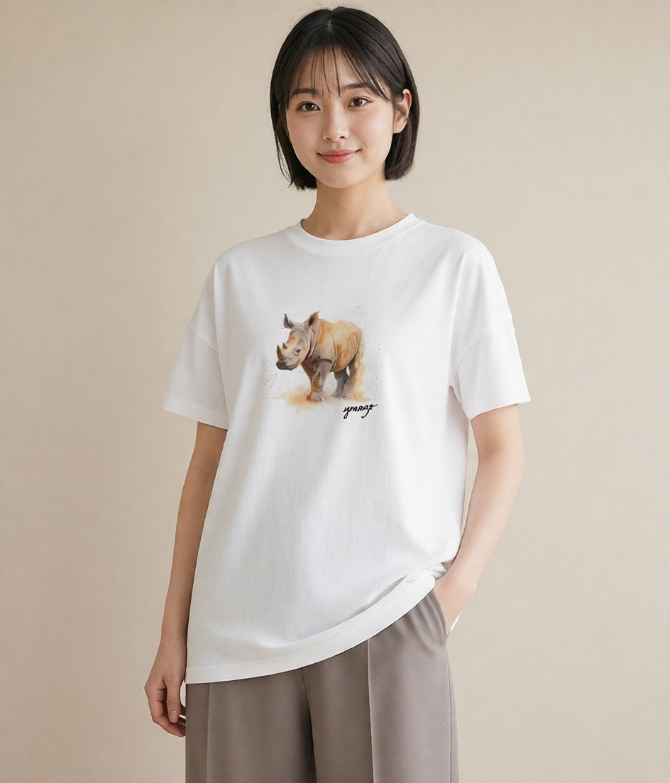 プリントTシャツ レディース カバ 動物 アニマル イラスト 普段使い 在宅 公園 白T YMAZO