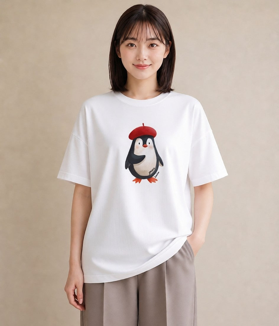 半袖Tシャツ レディース ペンギン ぺんぎん 動物 アニマル イラスト ボタニカル 誕生日プレゼント 綿100 白T YMAZO