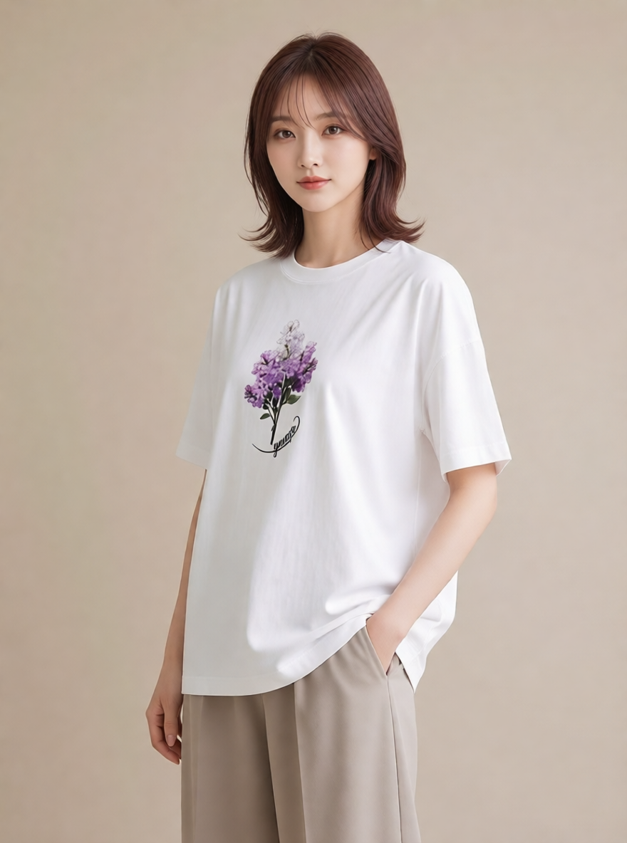 プリントTシャツ レディース ラベンダー 花 花柄 イラスト ガーリー 春服 ミセス 白T