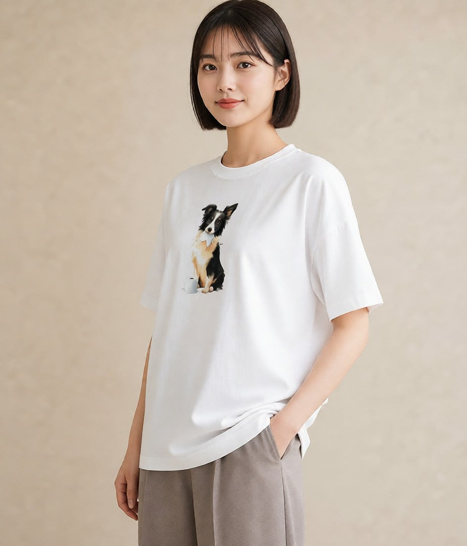 半袖Tシャツ レディース ボーダーコリー 犬 いぬ イラスト ゆるかわ 女性 旅行用 白T YMAZO