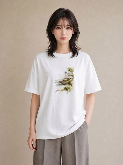 半袖Tシャツ レディース 灯台 霧 海 ナチュラル アンティーク イラスト 抜け感 春服 ミセス 白T YMAZO