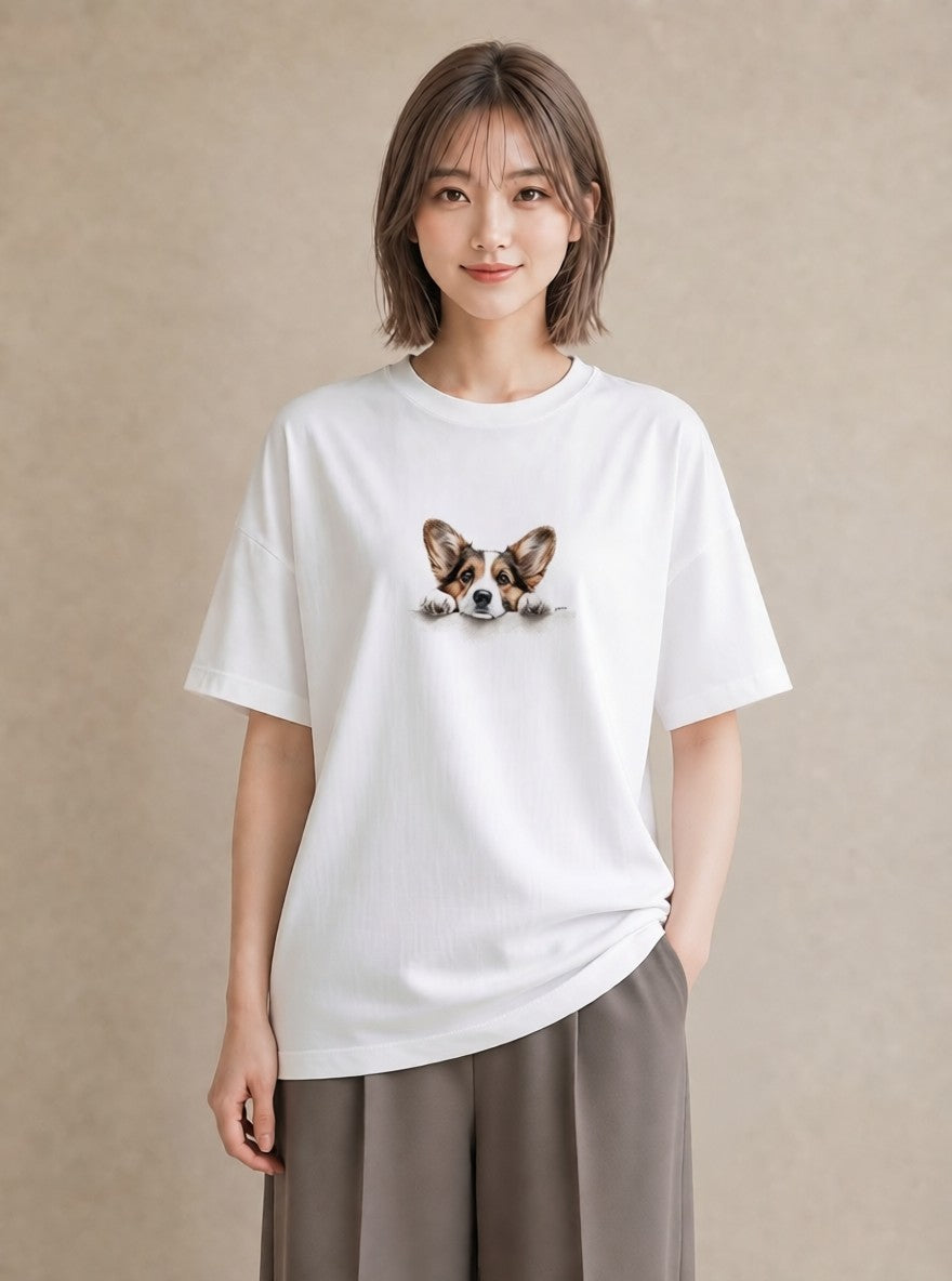デザインTシャツ レディース ウェルシュコーギー コーギー 犬 いぬ イラスト ゆるコーデ おしゃれギフト 社会人 白T YMAZO