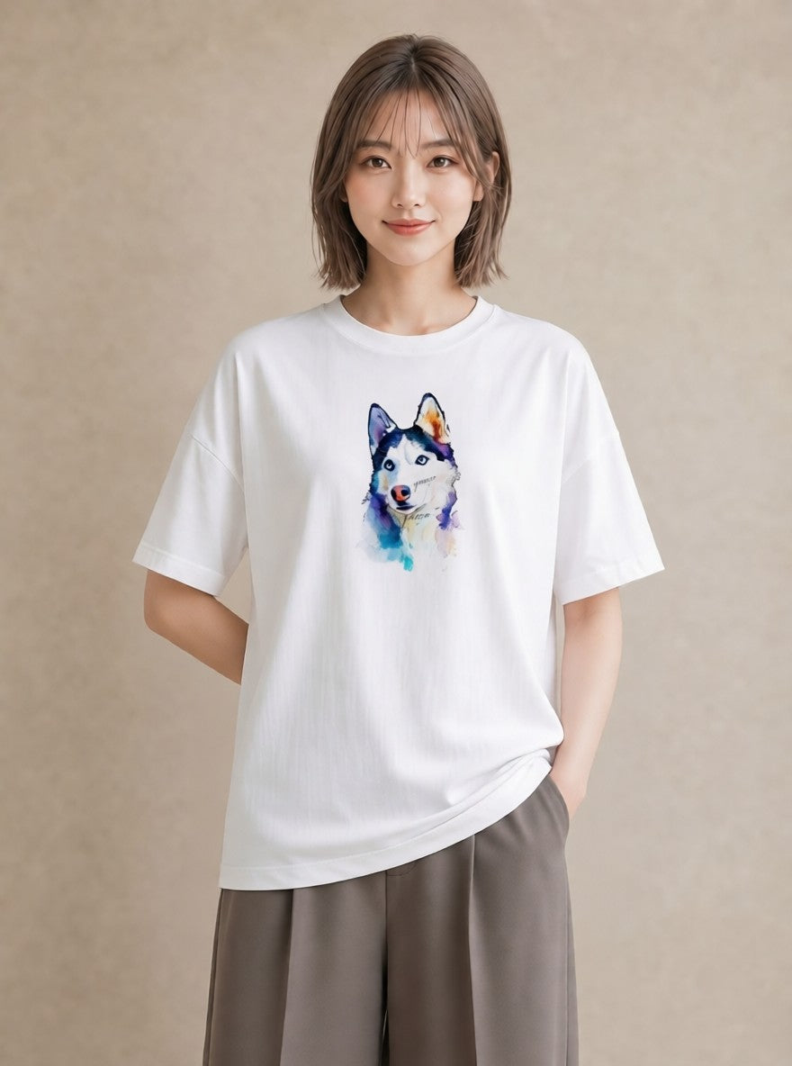 プリントTシャツ レディース シベリアンハスキー 犬 いぬ イラスト きれいめ 女子会 お揃い 白T YMAZO