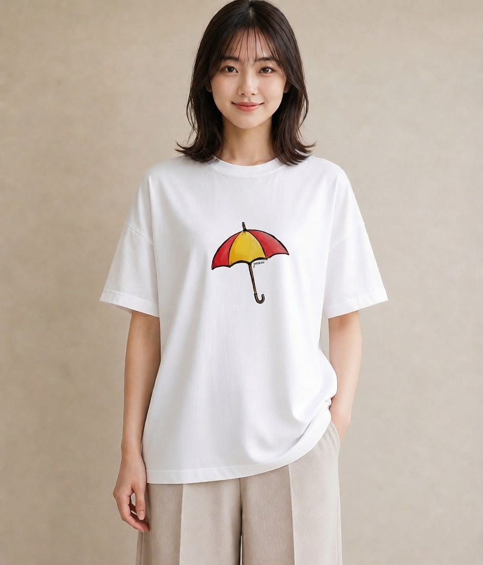 半袖Tシャツ レディース 傘 水たまり 雨 ナチュラル アンティーク イラスト こなれ感 部屋着 女性向けギフト 白T YMAZO