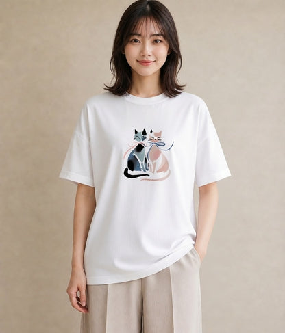 デザインTシャツ レディース ハチワレ 白黒猫 猫 ねこ イラスト 在宅 公園 白T YMAZO