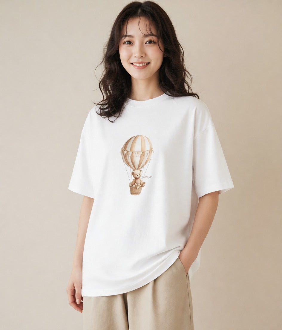 グラフィックTシャツ レディース 気球 星空 宇宙 イラスト こなれ感 母娘コーデ 自分用 白T YMAZO