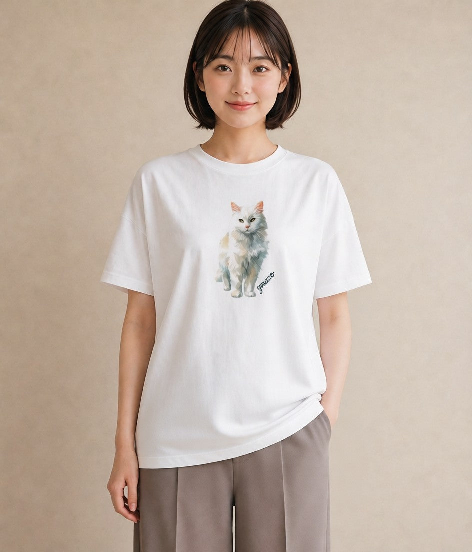 半袖Tシャツ レディース 猫好き 猫 ねこ イラスト ミニマル 女子会 お揃い 白T YMAZO