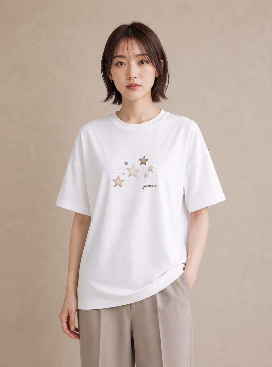 Tシャツ レディース 星 星空 宇宙 イラスト ニュアンス 普段着 週末コーデ 白T YMAZO