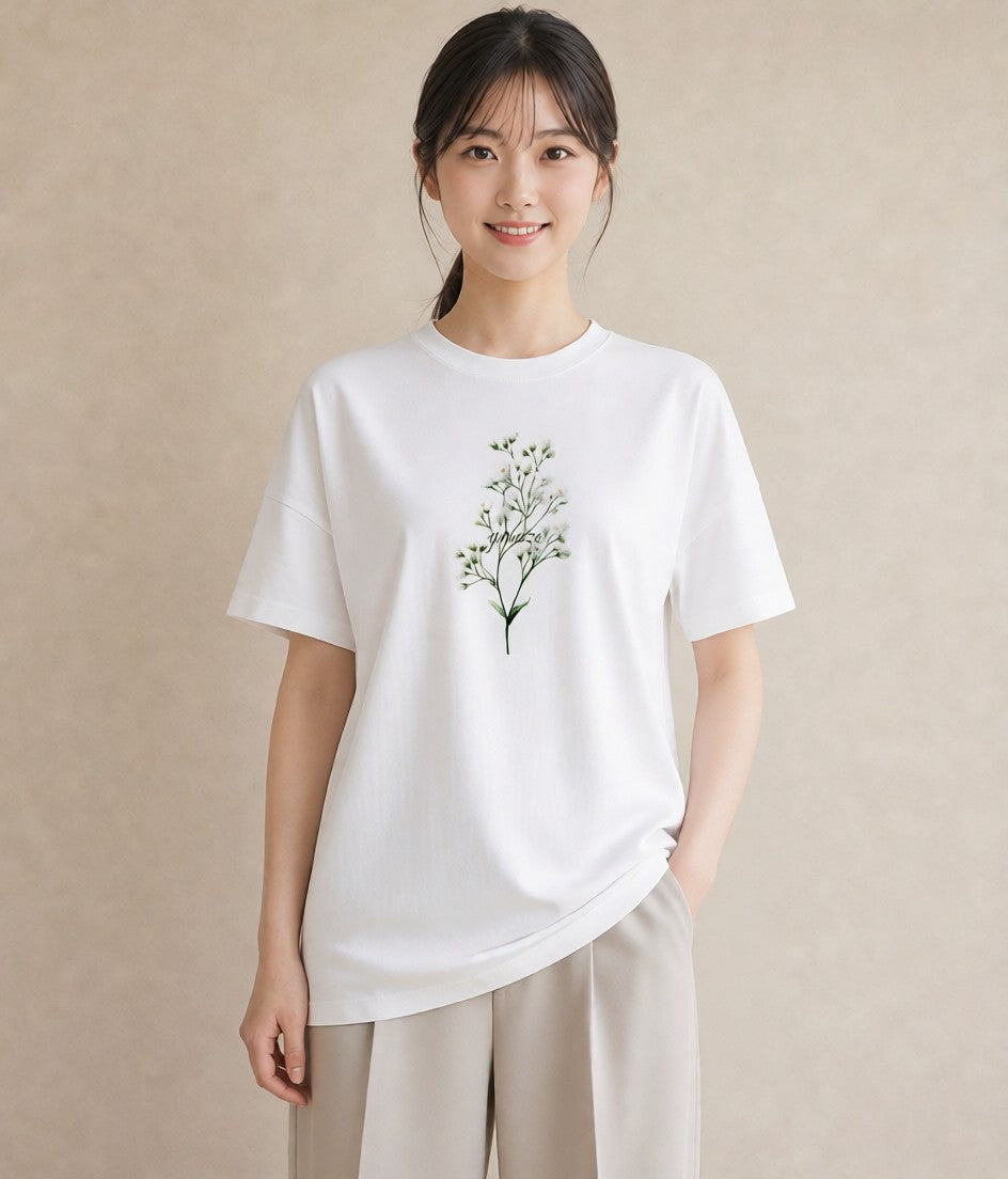 デザインTシャツ レディース カスミソウ かすみ草 花 花柄 イラスト カフェコーデ ペアコーデ 秋コーデ 白T