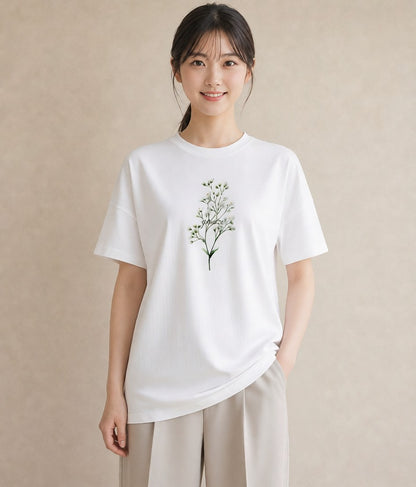 デザインTシャツ レディース カスミソウ かすみ草 花 花柄 イラスト カフェコーデ ペアコーデ 秋コーデ 白T