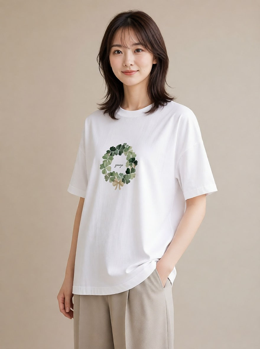 プリントTシャツ レディース クローバー 四つ葉 花 花柄 イラスト 淡色 送別ギフト 通勤 白T YMAZO