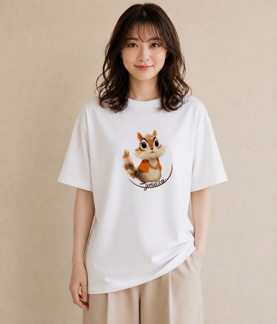 デザインTシャツ レディース リス ペット 動物 イラスト きれいめカジュアル 在宅 公園 白T YMAZO