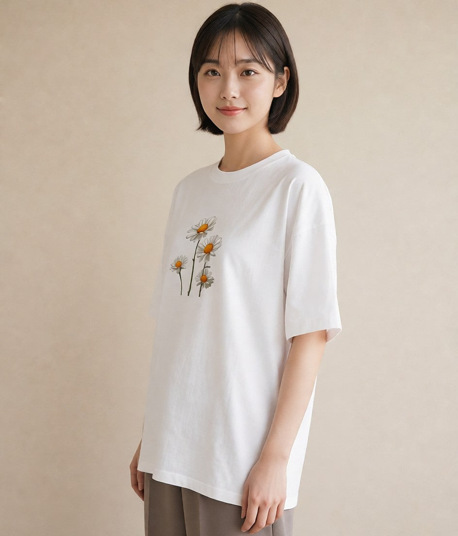半袖Tシャツ レディース マーガレット 花 花柄 イラスト 淡色 帰省 ラフ 白T