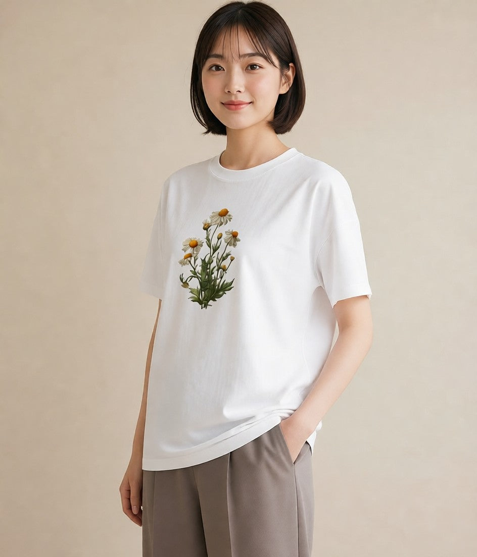 デザインTシャツ レディース デイジー 花 花柄 イラスト ヴィンテージ風 自分用 ルームウェア 白T YMAZO
