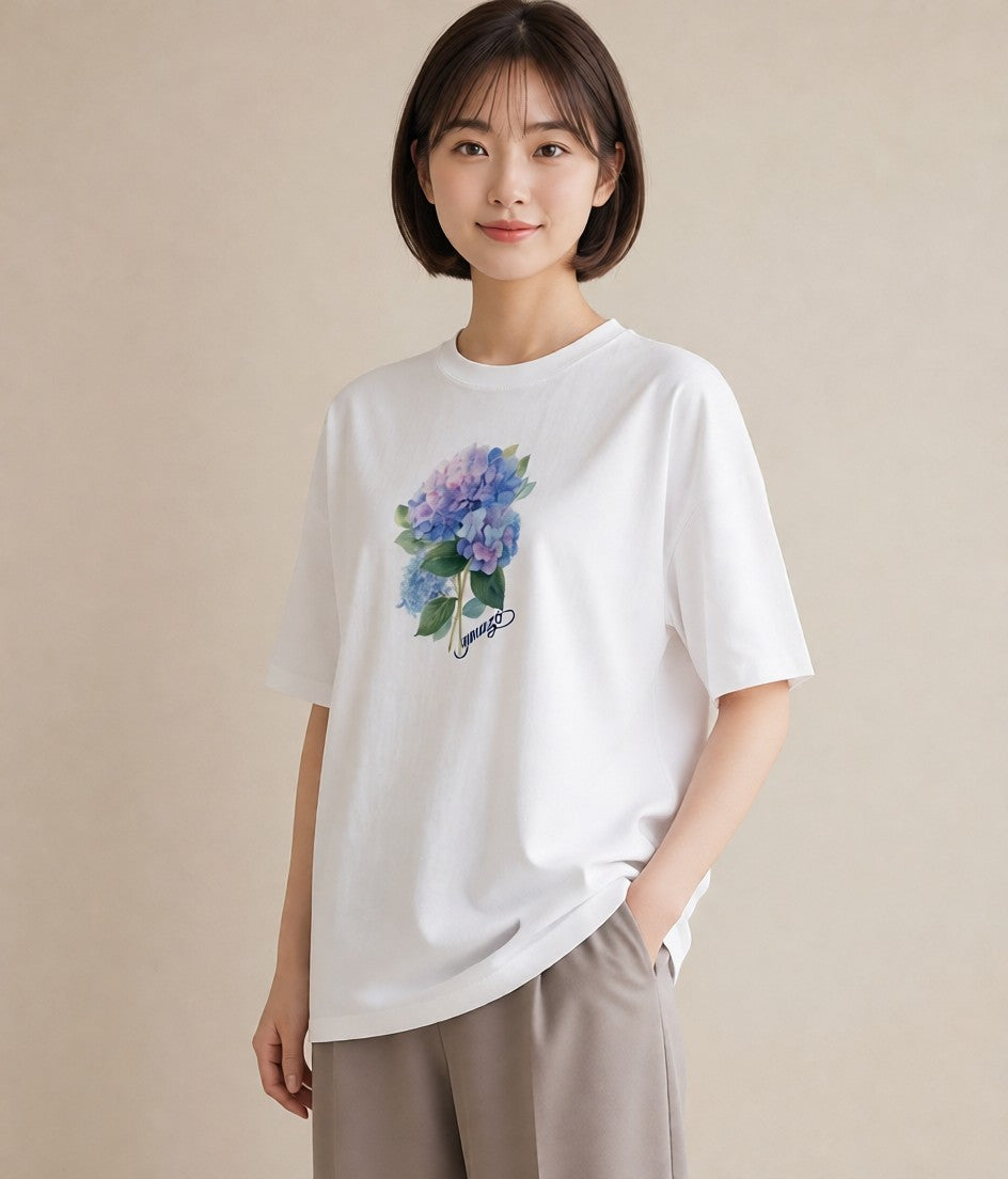 プリントTシャツ レディース あじさい 紫陽花 アジサイ 花 花柄 イラスト 夏コーデ 通学 白T YMAZO