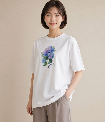 プリントTシャツ レディース あじさい 紫陽花 アジサイ 花 花柄 イラスト 夏コーデ 通学 白T YMAZO