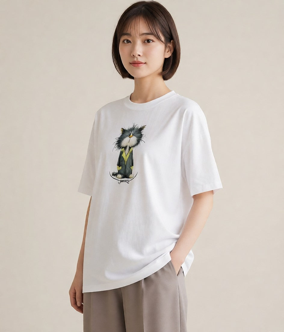 プリントTシャツ レディース ハチワレ 白黒猫 猫 ねこ イラスト シンプル ペアコーデ 秋コーデ 白T YMAZO