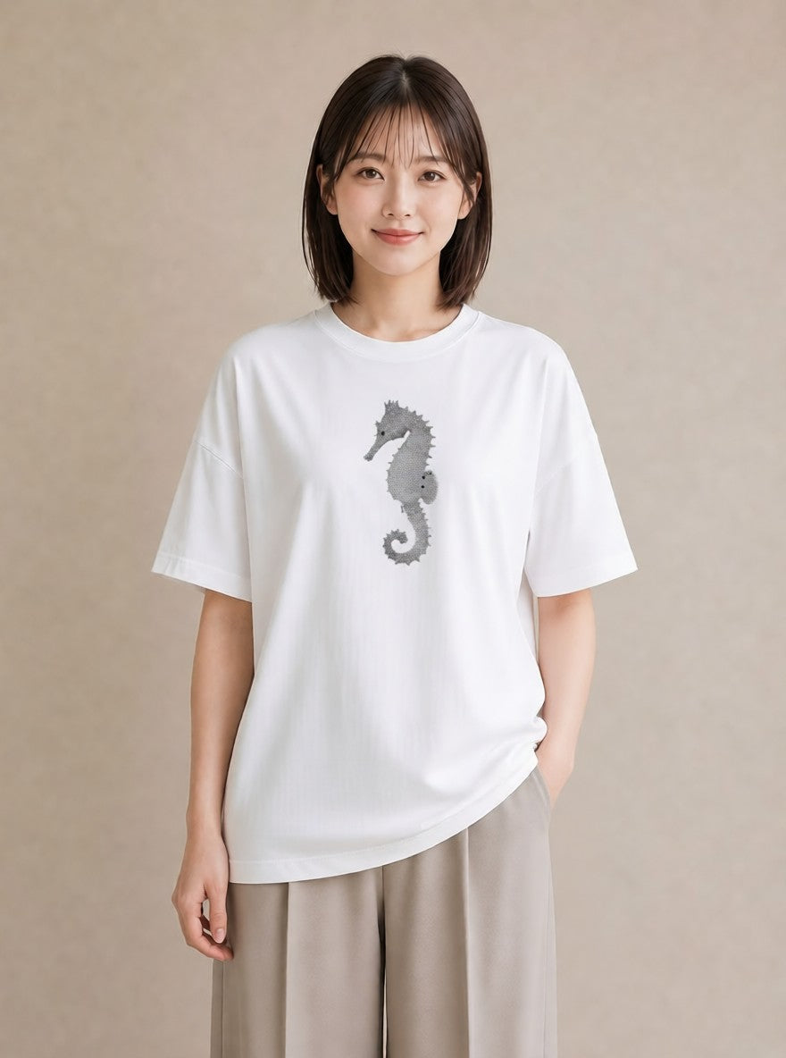 グラフィックTシャツ レディース タツノオトシゴ 海の生き物 海 イラスト ポップ ホワイトデー 春服 白T YMAZO