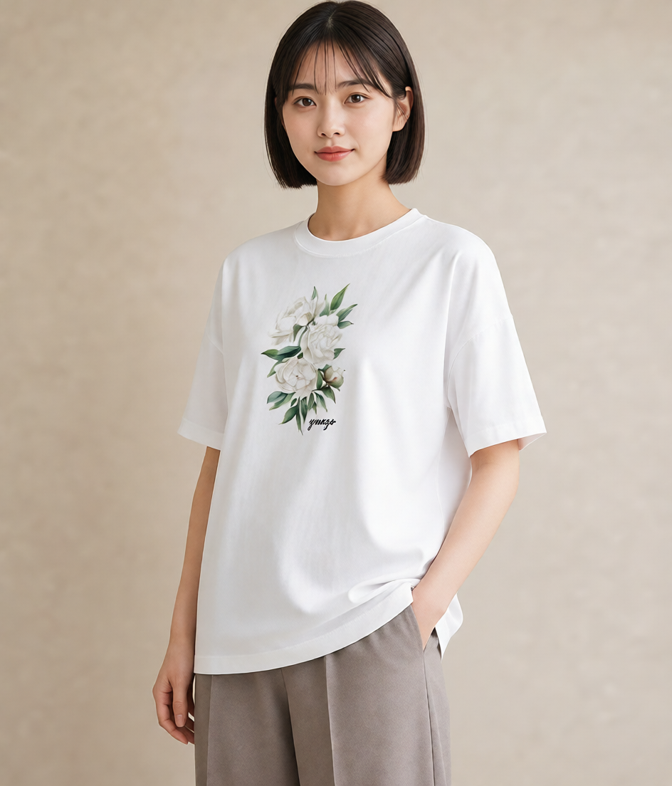 プリントTシャツ レディース 椿 花 花柄 イラスト シック ギフト 母の日 白T YMAZO