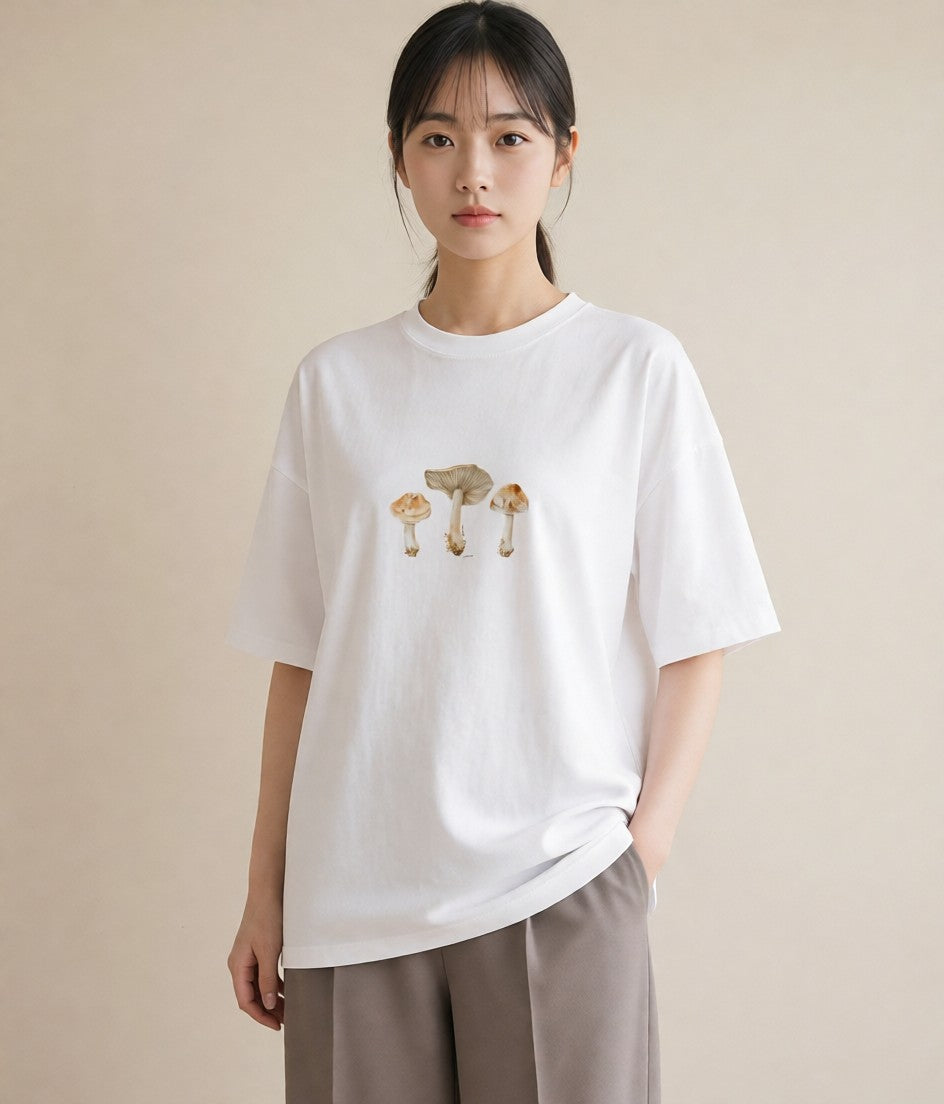 グラフィックTシャツ レディース きのこ 植物 ボタニカル イラスト 上品 ペアコーデ 秋コーデ 白T YMAZO