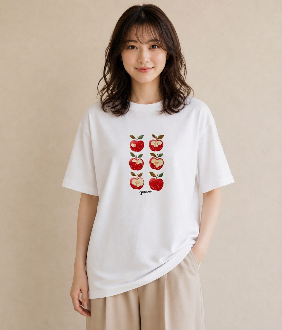半袖Tシャツ レディース りんご 林檎 アップル 食べ物 フード イラスト アート風 休日 ペアコーデ 白T YMAZO